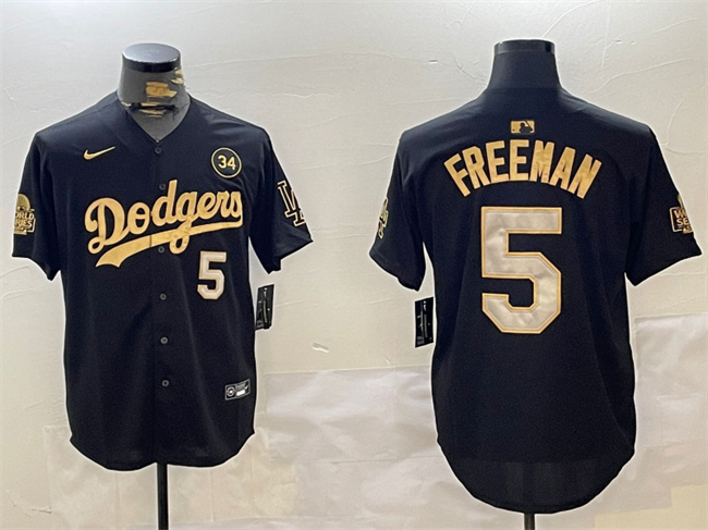 Los Angeles Dodgers #5 Freddie Freeman Black Gold 2024 World Series With No. 34 Patch Limited Stitched Jersey - Click Image to Close